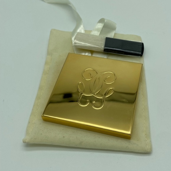 RARE Vintage GUERLAIN Paris Gold-tone Square Hinged Compact Mirror + Blush Brush - Picture 1 of 12
